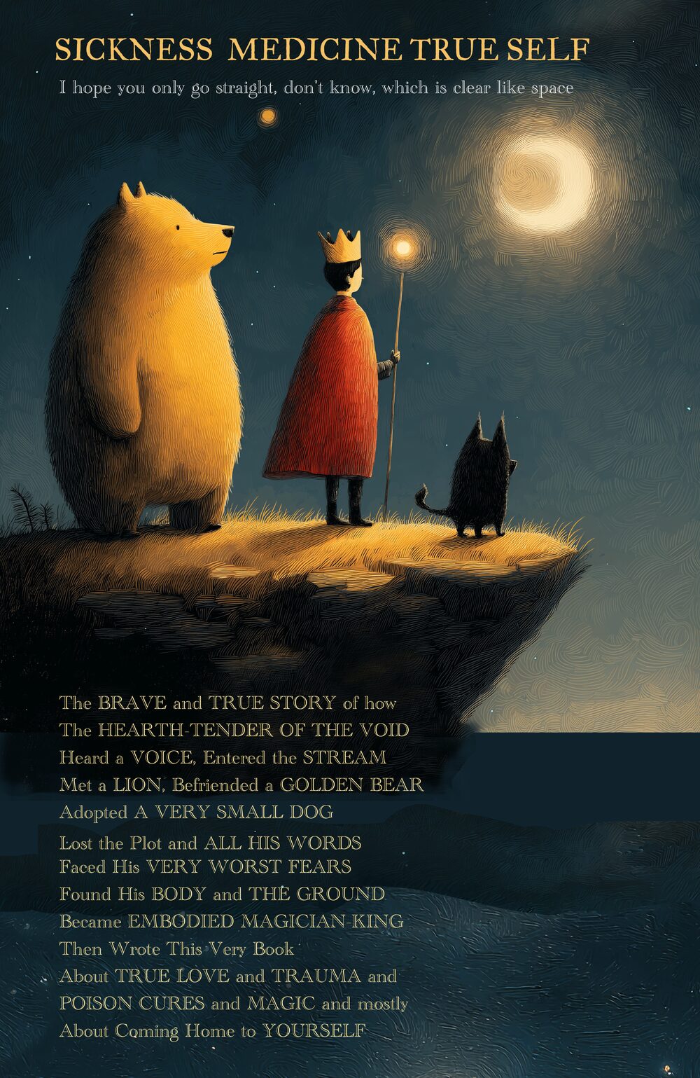 Cover: a golden bear, a small crowned figure with a red cloak and a lit staff, and a very small black dog, standing on a cliff under a full moon.
