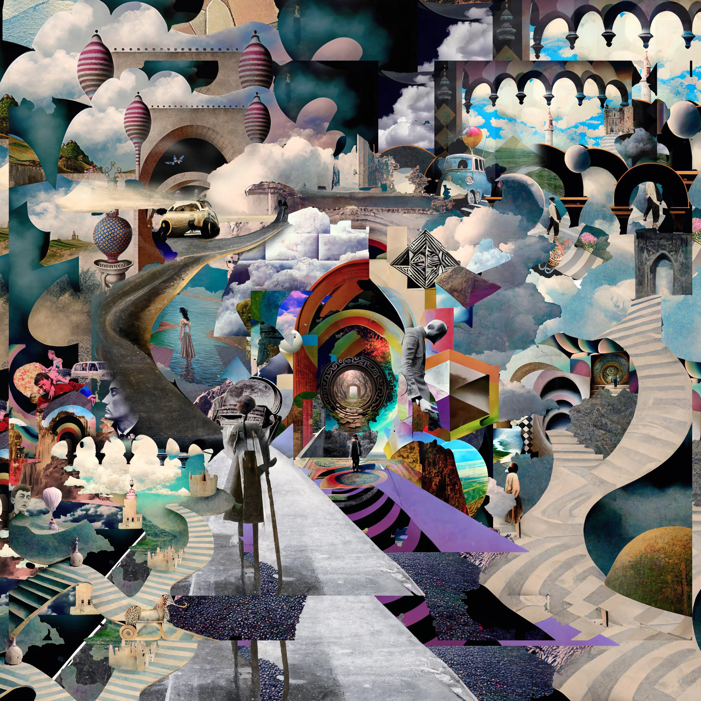 Collage: Dreamwork 1, The Pilgrim at the Crossroads of Worlds.